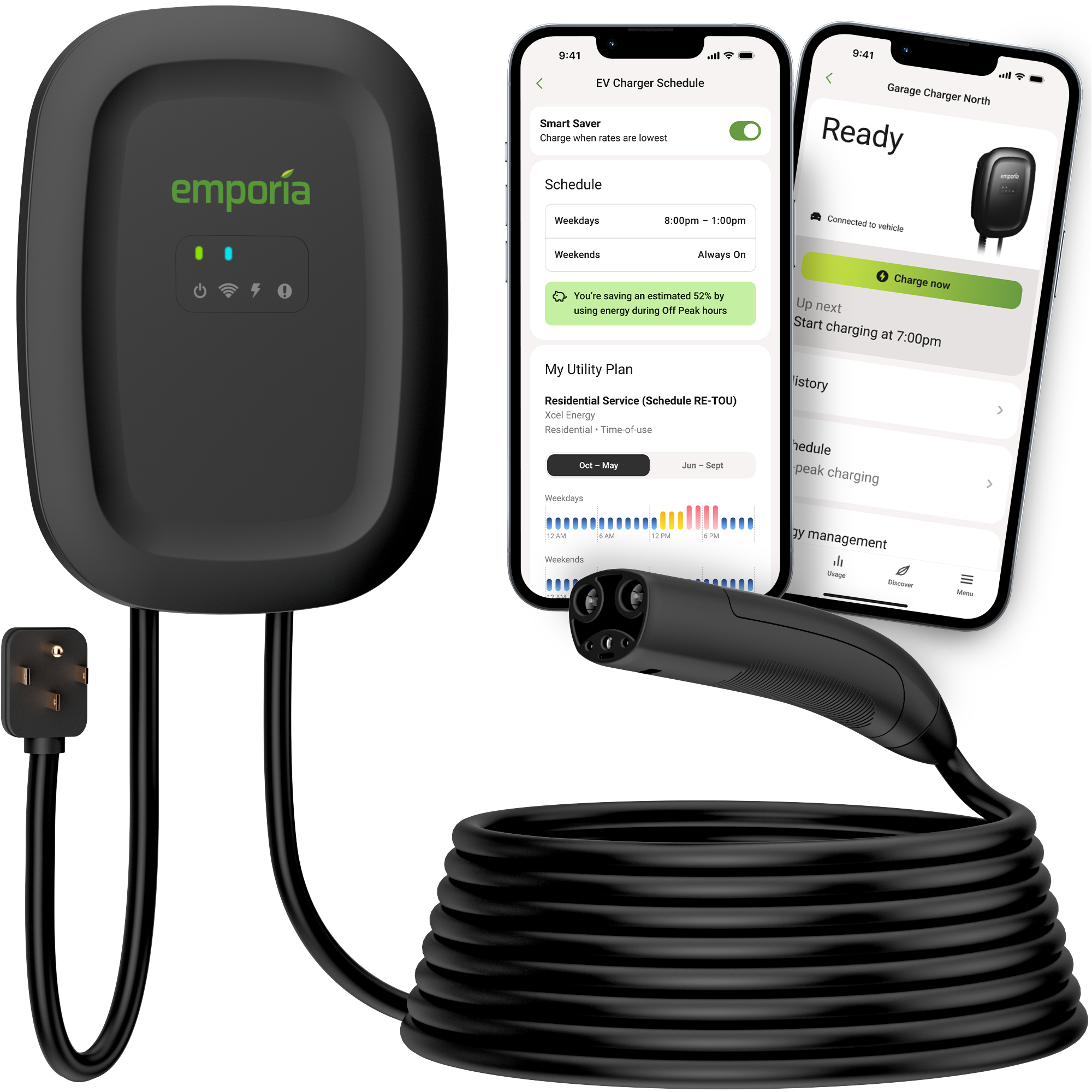 Black Emporia Classic Level 2 EV charger with NACS connector and mobile app screens