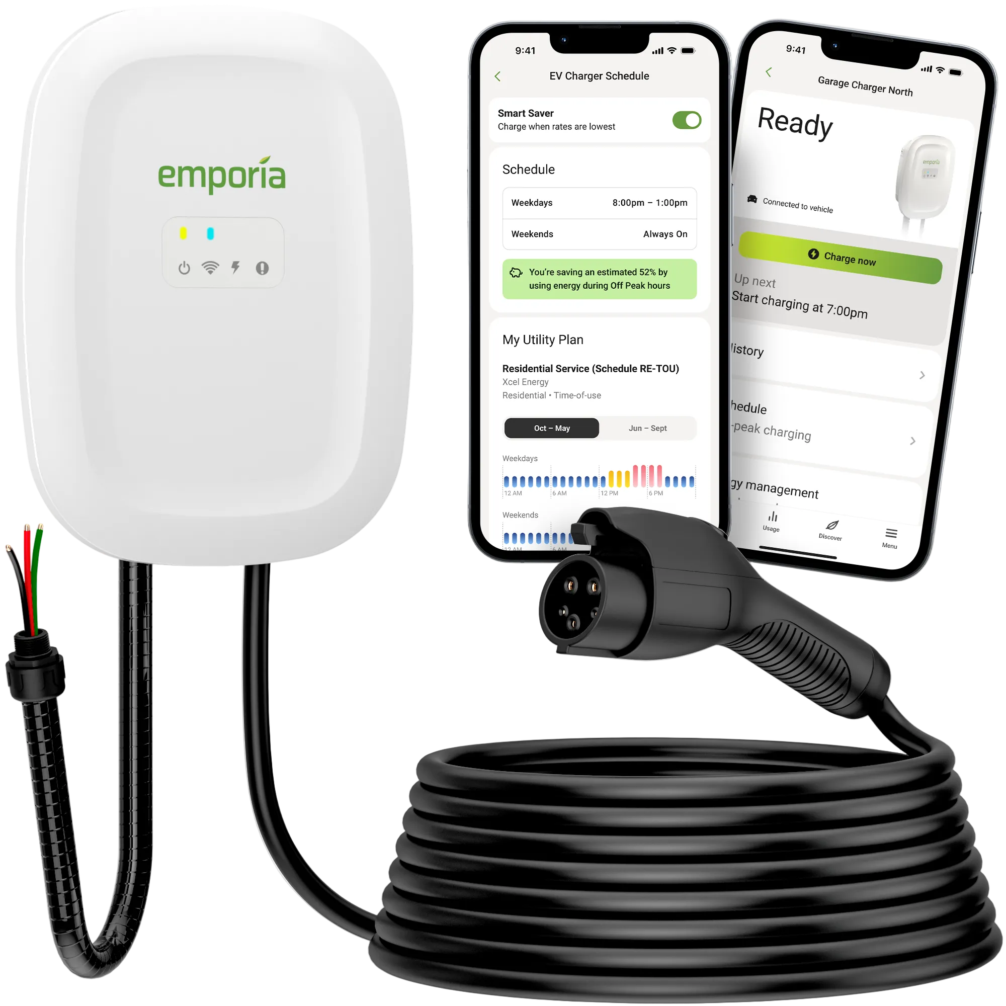 White Emporia Classic Level 2 EV charger with J1772 connector and mobile app screens